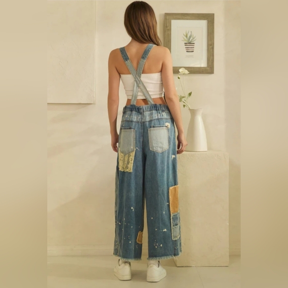 #1374 Oli & Hali Boho Starlight Patchwork Wide-Leg Denim Overalls - Picture 8 of 8